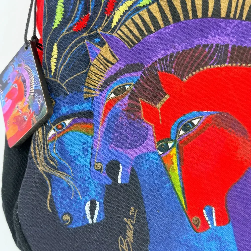 Laurel Burch Wild Horses of Fire Medium Hobo Canvas Shoulder Bag Red 14X9X4